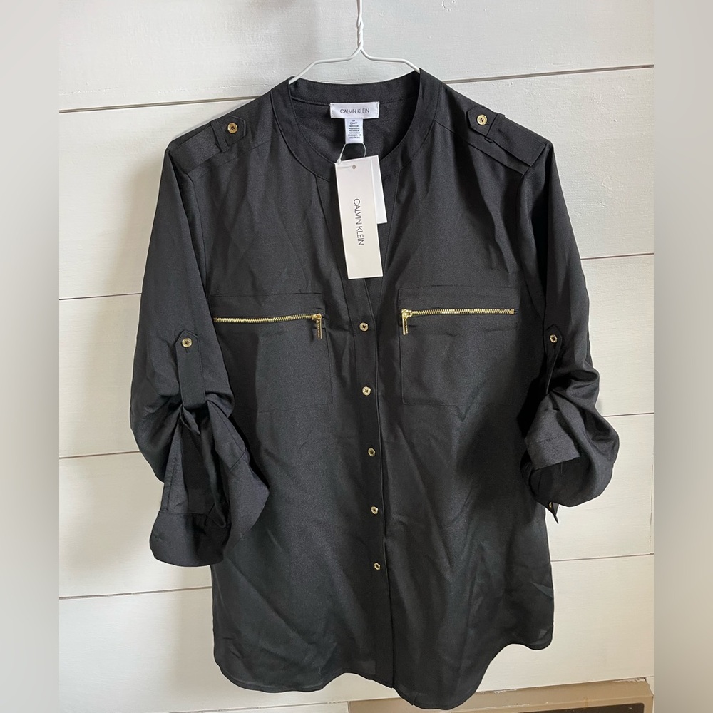 Calvin Klein Black Button-Down Shirt with Gold Accents - NWT